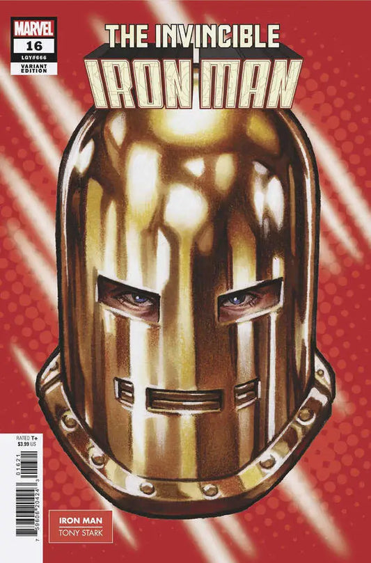 Golden metallic Iron Man helmet with angular eye slits for Invincible Iron Man trading cards