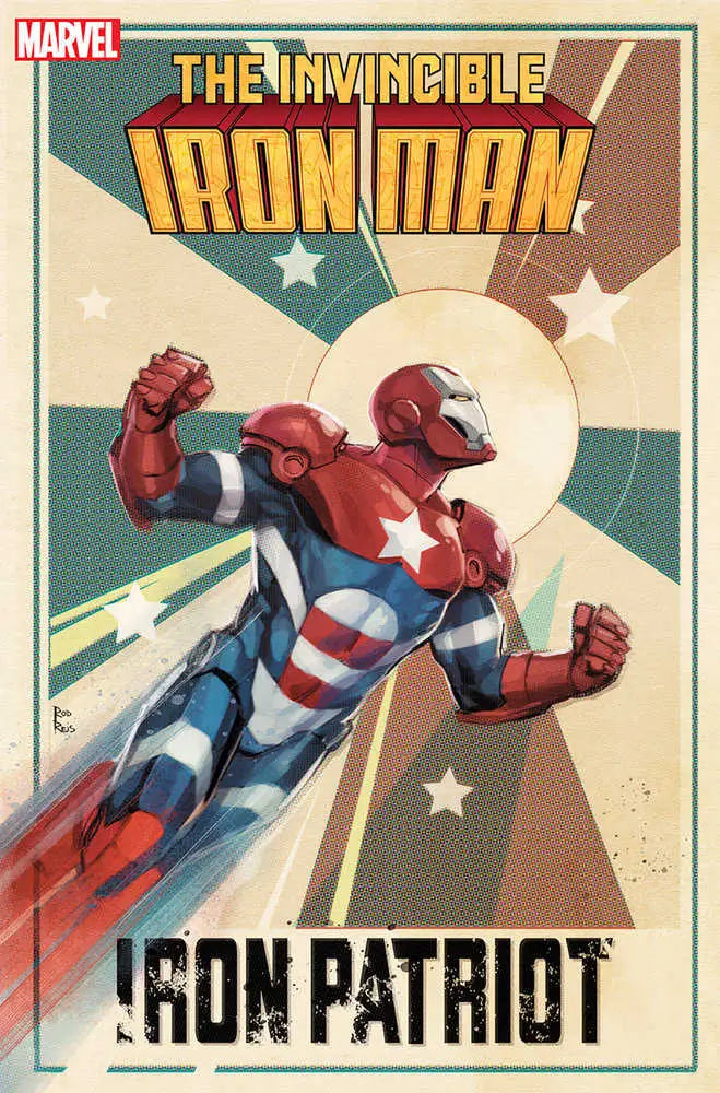 Iron Patriot armor soaring heroically with raised fists in Invincible Iron Man #19