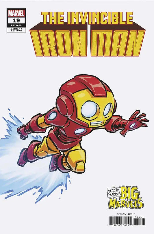 Cartoon-style Iron Man character flying in chibi art for Invincible Iron Man #19 Marvel variant