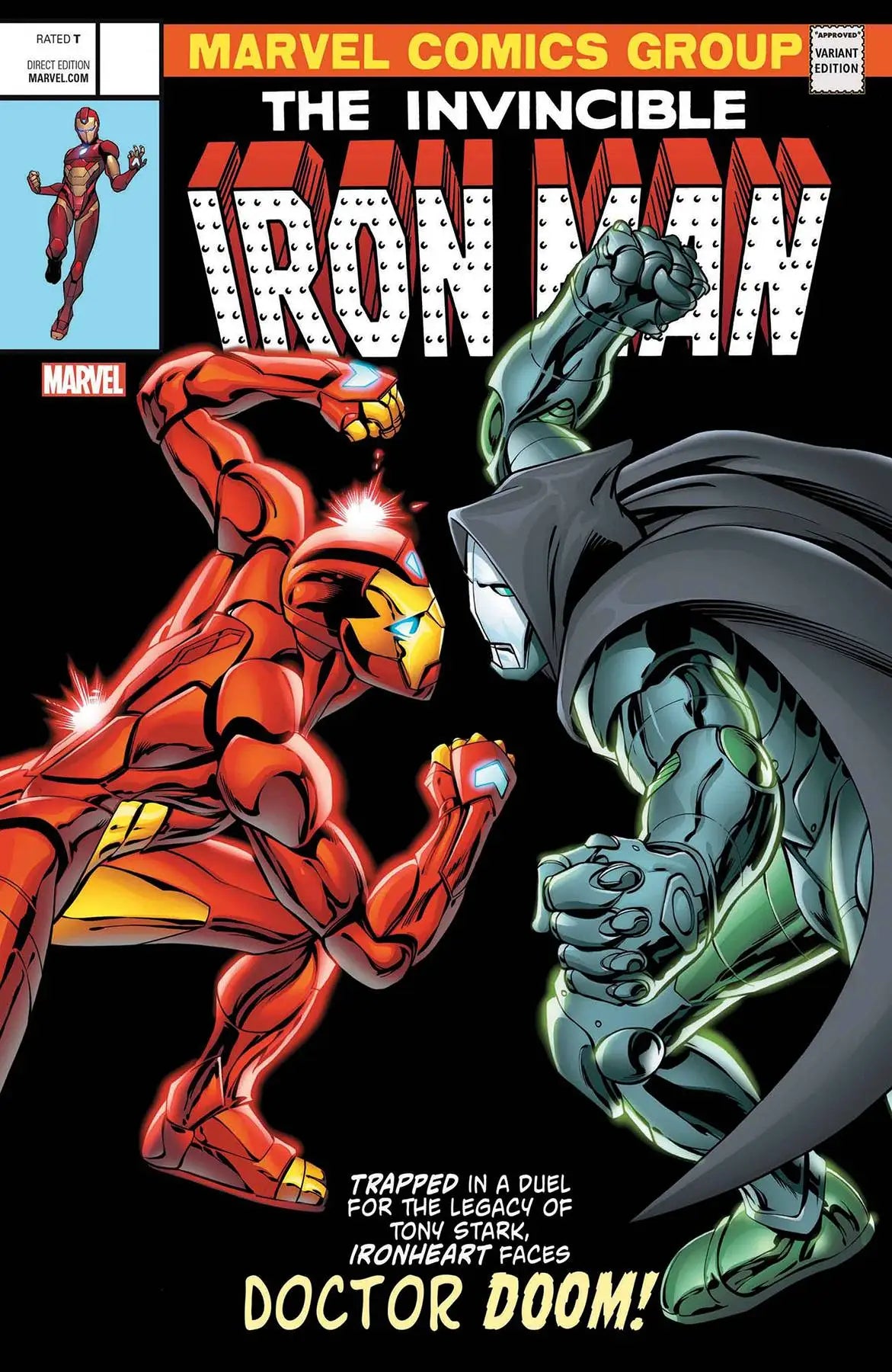 Comic book cover of Iron Man battling Doctor Doom in Invincible Iron Man 593 Var A