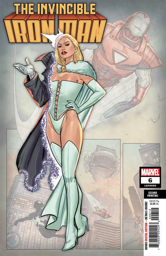 Comic book cover of The Invincible Iron Man in mint green bodysuit and cape