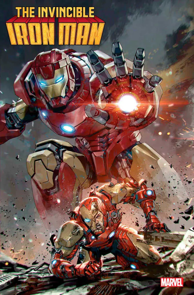 Red and gold Iron Man suit in action, part of Hellfire Gala trading cards collection