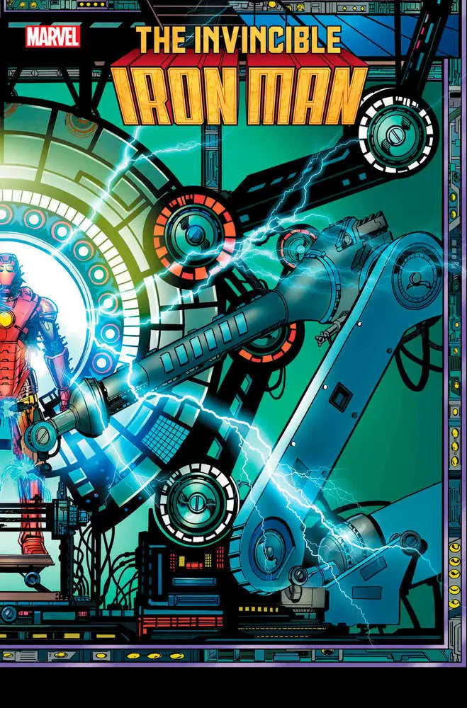 Comic book cover of Invincible Iron Man 8 with mechanical details and energy rings