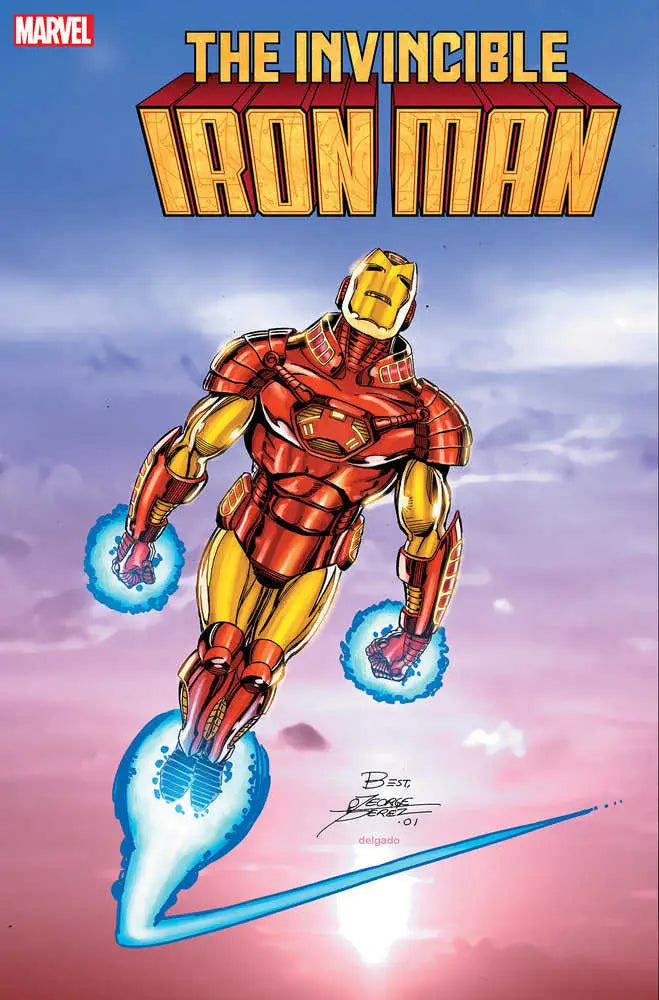 Red and gold Iron Man flying with glowing blue repulsors in Hellfire Gala variant