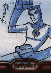 Stylized blue-tinted superhero sketch card by Hanie Mohd from Iron Man 2 trading cards