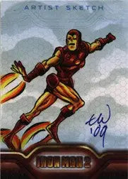 Superhero in red and gold armor flying on Iron Man 2 sketch card by Travis Walton