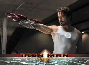 Man in a white tank top with metallic device featured in Iron Man Movie promo card