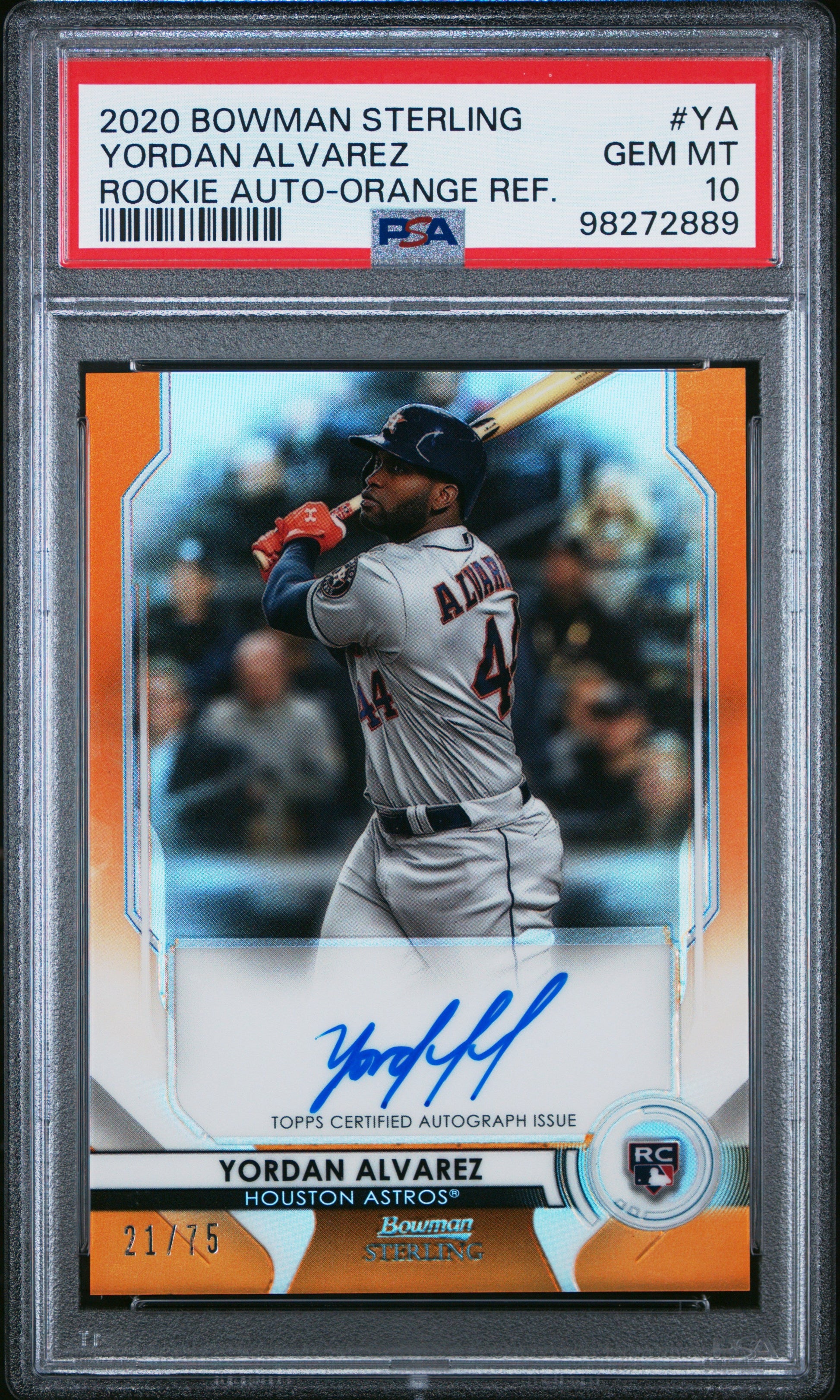 PSA 10 Yordan Alvarez 2020 Bowman Sterling Orange Auto Rookie Card #21/75 for sale