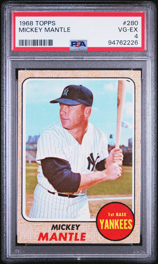 PSA-graded Mickey Mantle 1968 Topps #280 baseball card in protective case