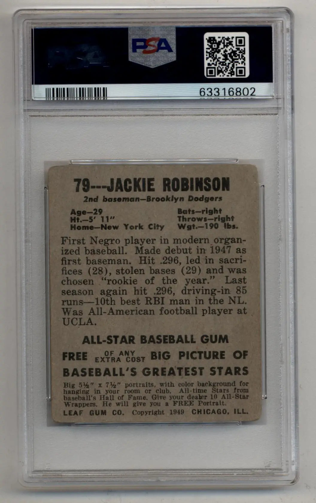 PSA-graded Jackie Robinson 1948 Leaf Rookie PSA 2 Good trading card back view