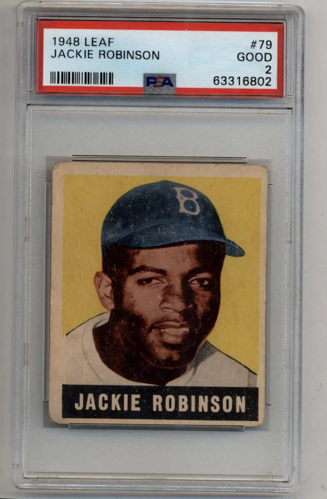 Jackie Robinson 1948 Leaf #79 Rookie PSA 2 Good trading card of Brooklyn Dodgers player