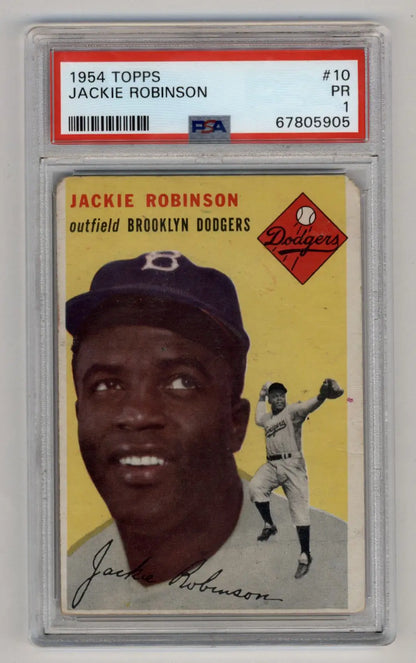 PSA-graded Jackie Robinson 1954 Topps #10 baseball card in protective case