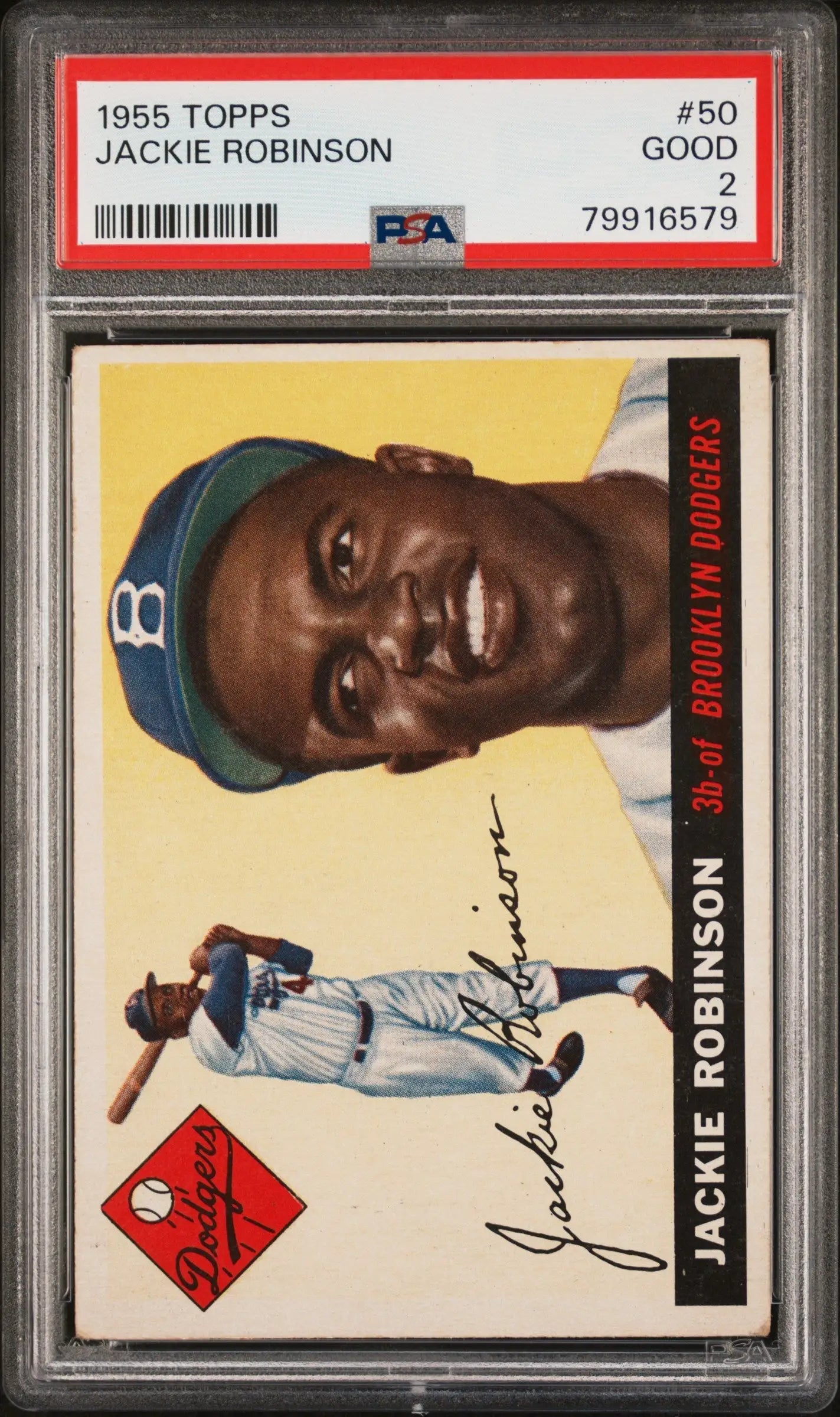 Jackie Robinson 1955 Topps #50 trading card in PSA Good condition for collectors