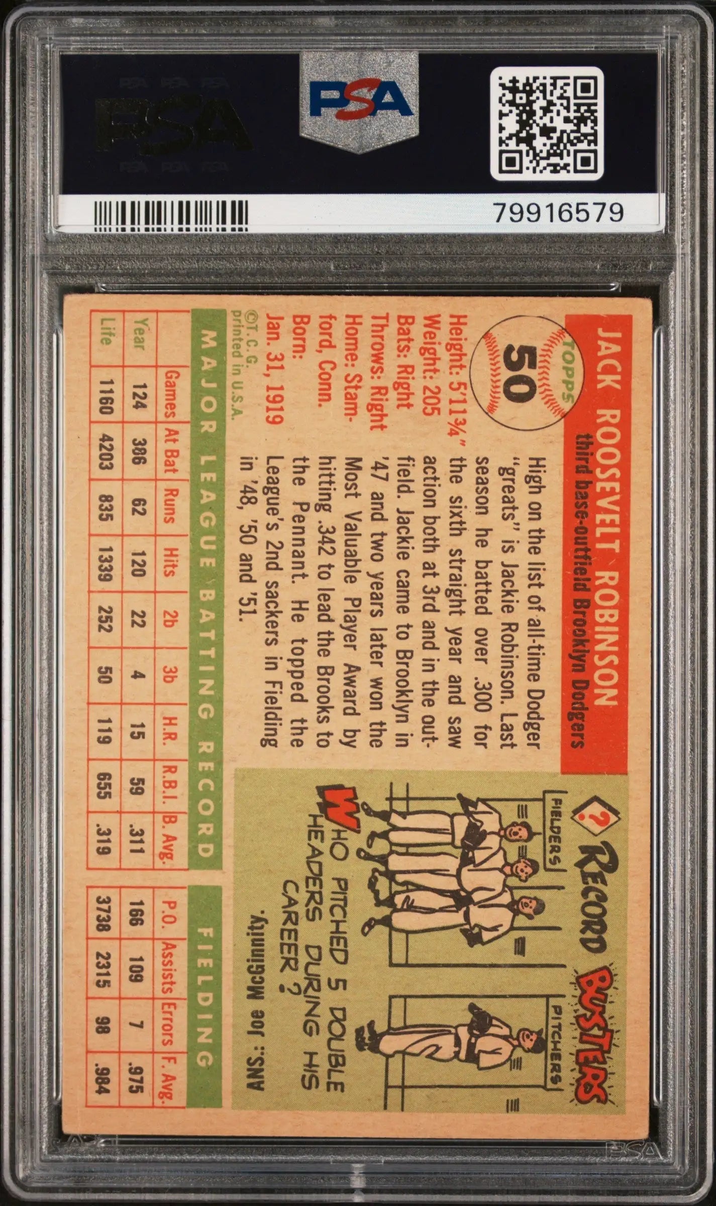 Vintage Jackie Robinson 1955 Topps trading card with player stats in PSA grading holder