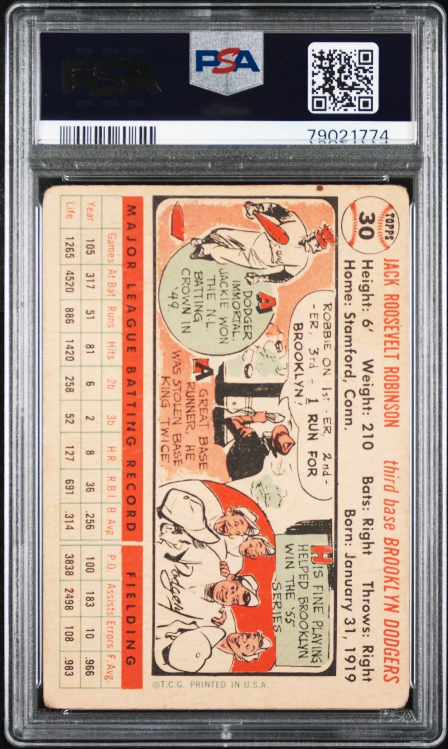 Vintage Jackie Robinson baseball card with cartoon illustrations in PSA grading holder