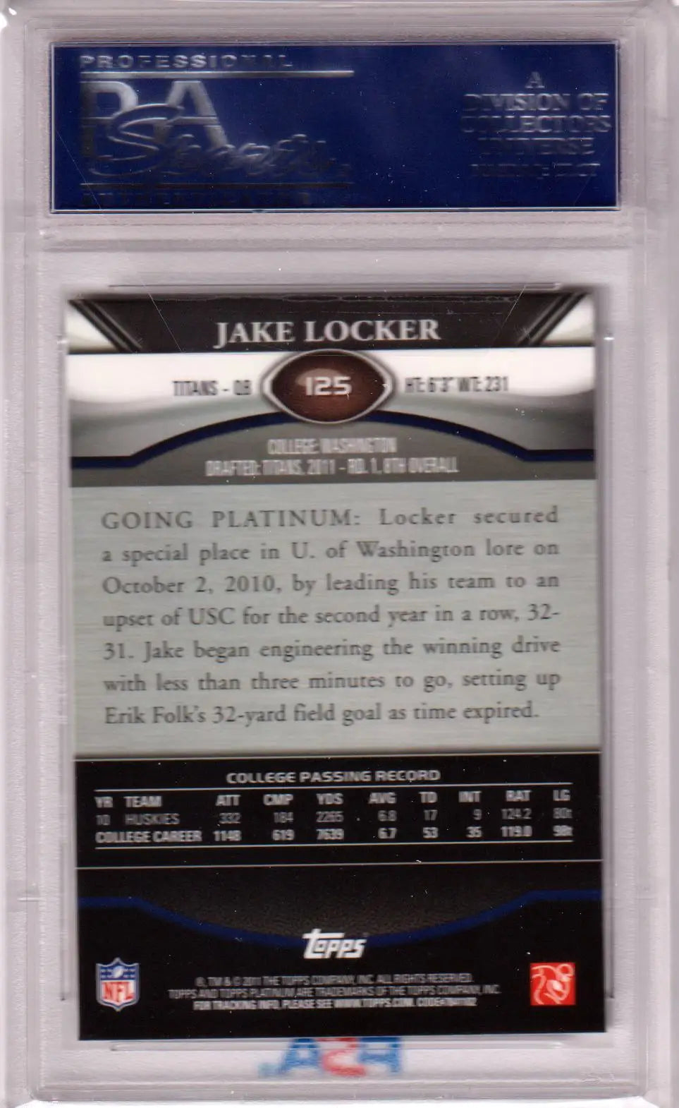 Back side of a Jake Locker Topps Platinum trading card in protective case