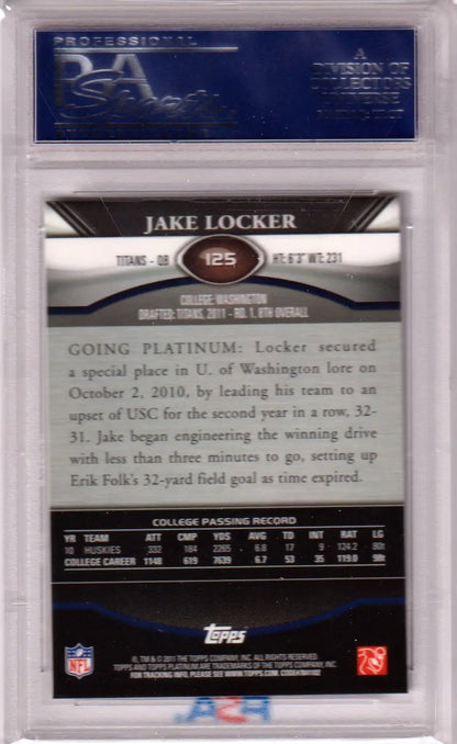 Back side of a Jake Locker Topps Platinum trading card in protective case