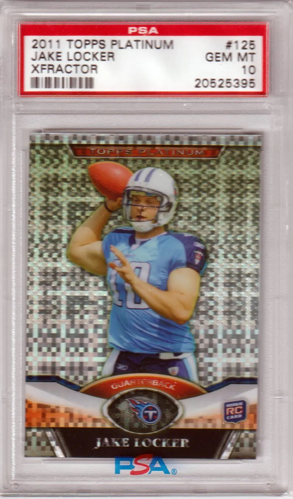 PSA 10 Gem Mint Jake Locker 2011 Topps Platinum Trading Card in throwing position