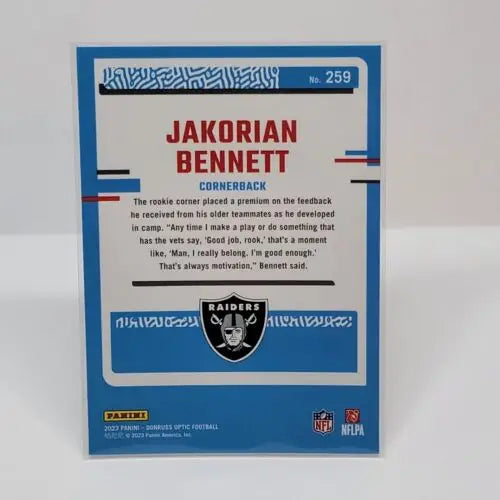 Jakorian Bennett Rated Rookie RC 2023 Donruss Optic Card #259 for Las Vegas Raiders