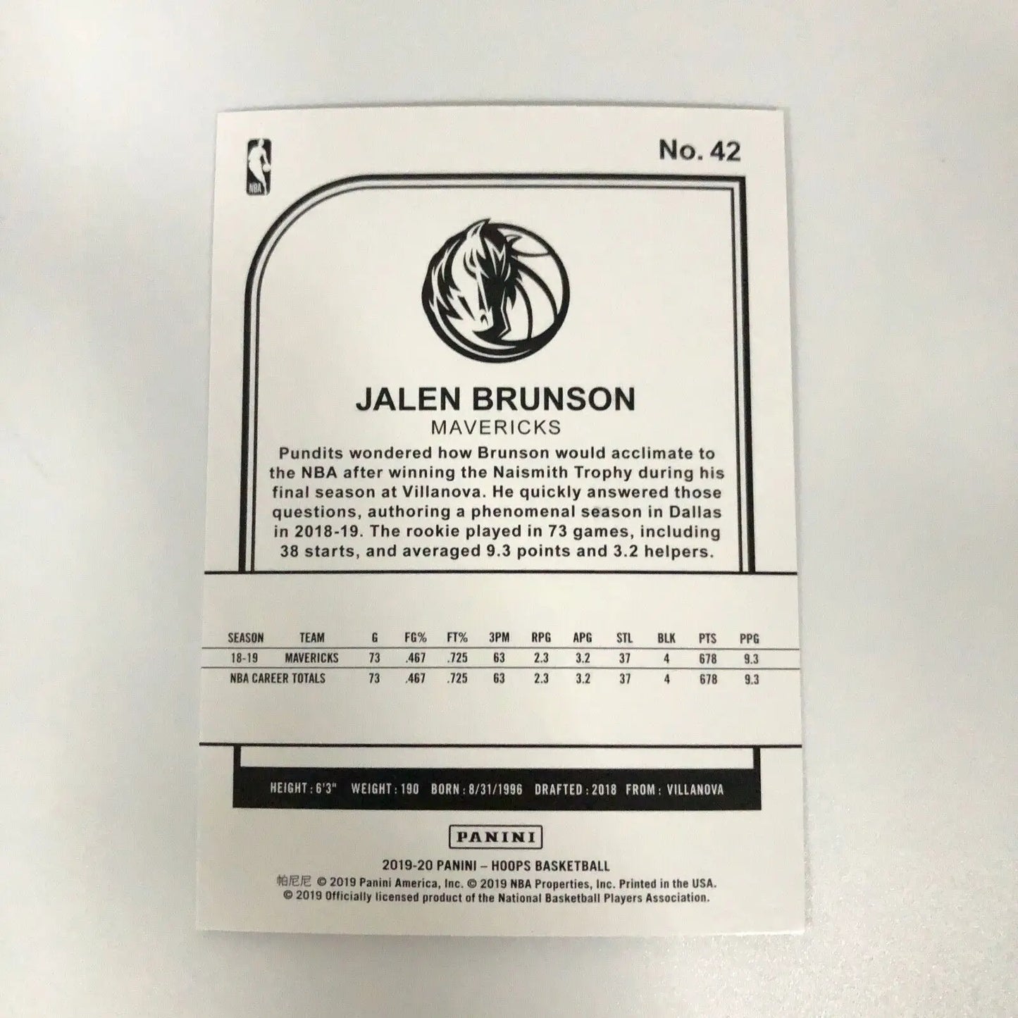 Jalen Brunson 2019-20 Hoops #42 Purple Parallel Dallas Mavericks NBA Basketball Card