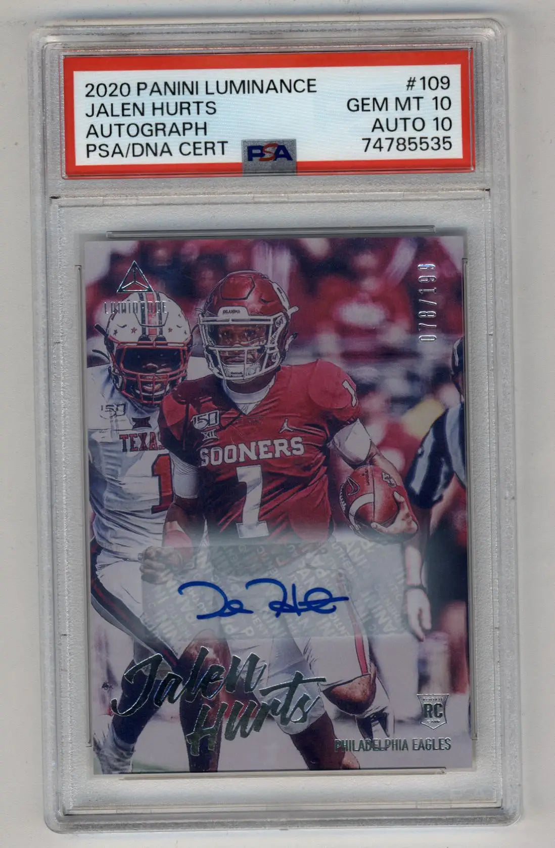 Jalen Hurts 2020 Luminance Auto in red jersey PSA 10 Gem Mint Auto 10 football card