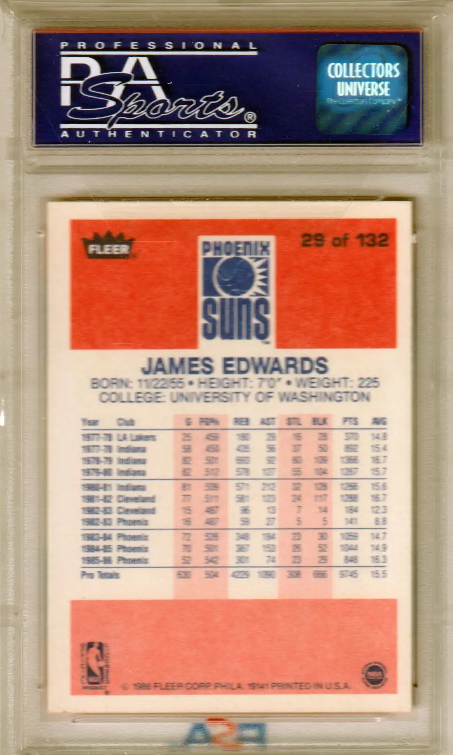 PSA-graded James Edwards 1986 Fleer trading card with Phoenix Suns player stats