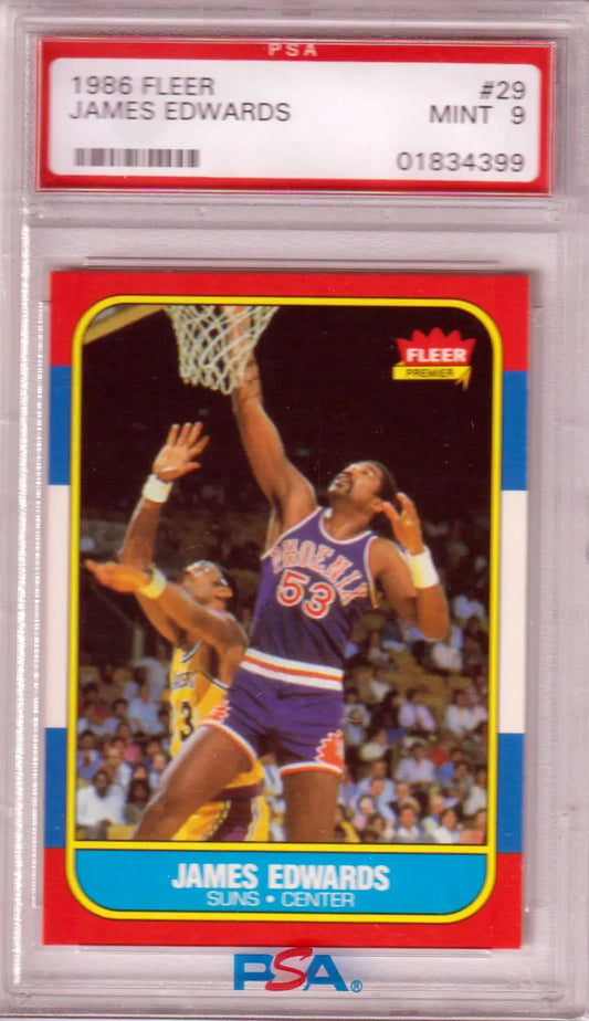 PSA-graded 1986 Fleer James Edwards trading card in Suns purple and blue uniform