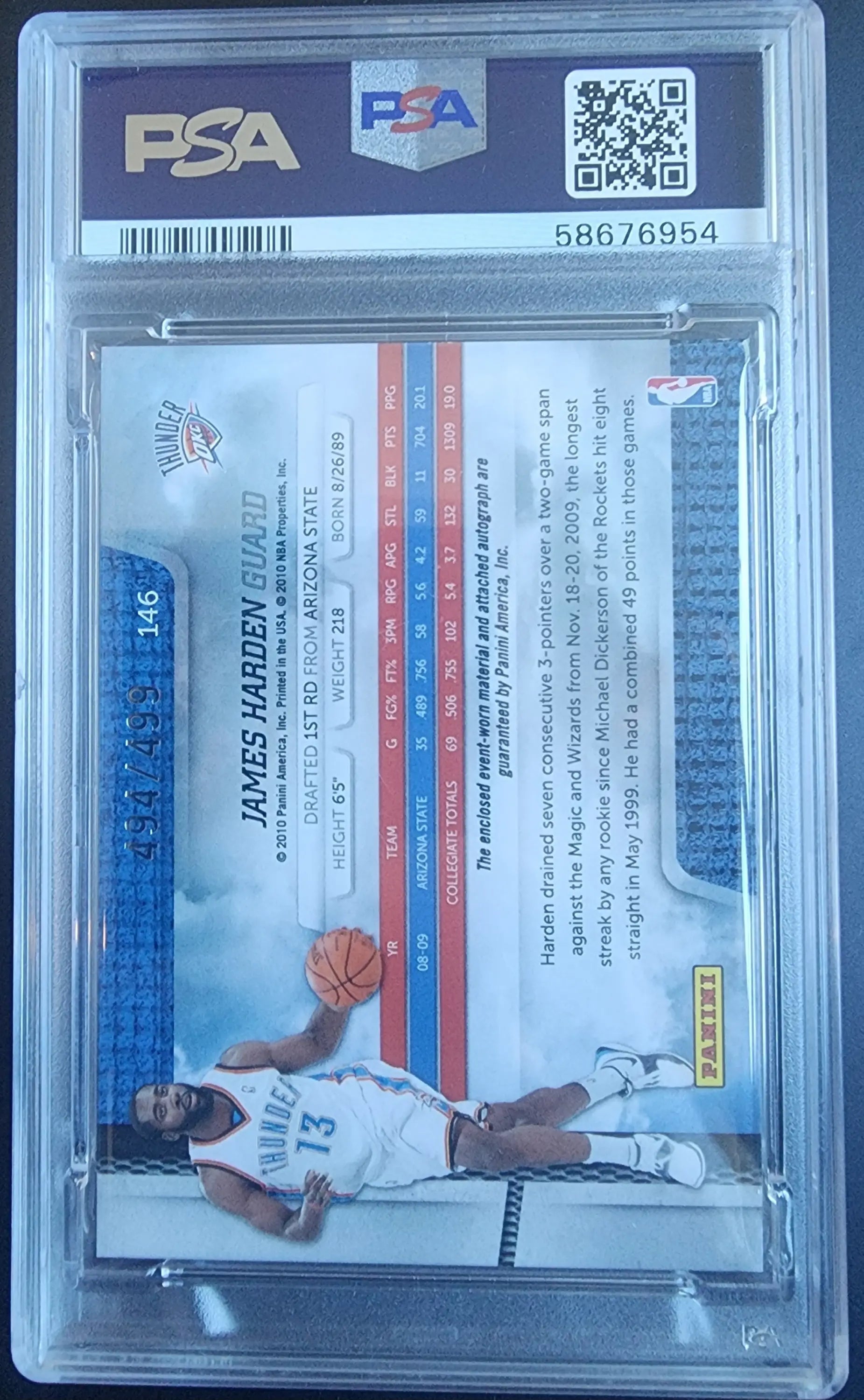 PSA-graded James Harden 2009 Panini Absolute Patch Auto in protective case with QR code