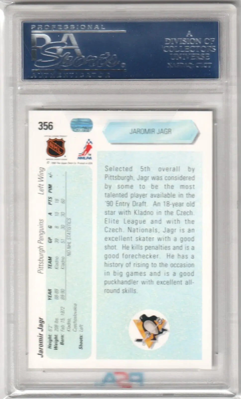 PSA-graded Jaramir Jagr 1990-91 Upper Deck RC rookie card in protective case, Columbia Hobby