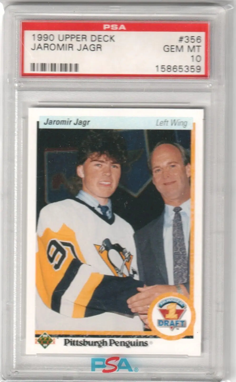 PSA-graded 1990 Upper Deck Jaramir Jagr rookie card in protective case, single cards from Columbia Hobby