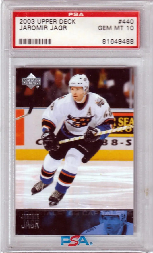 PSA-graded 2003 Upper Deck Jaramir Jagr hockey card in protective case, single cards Columbia Hobby