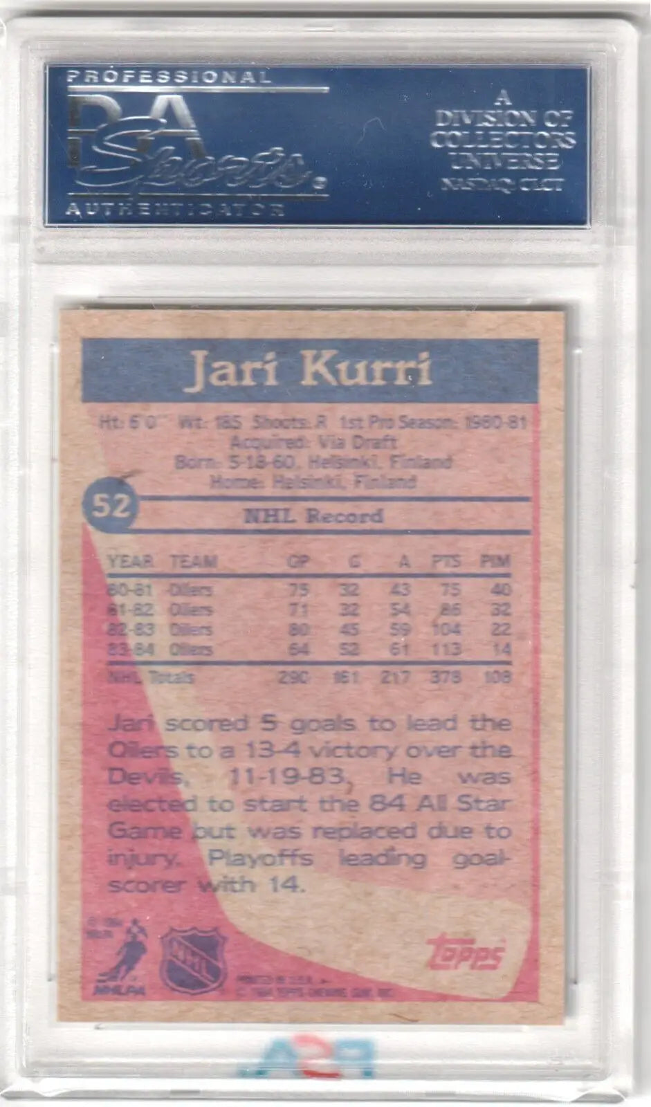 PSA-graded back of Jari Kurri 1984-85 Topps #52 single card from Columbia Hobby