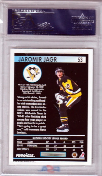 Hockey trading card of Jaromir Jagr 1991 Pinnacle #53 PSA 10 with Columbia Hobby free shipping