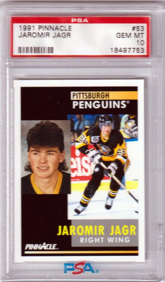 PSA-graded 1991 Pinnacle Jaromir Jagr hockey card in protective case for sale by Columbia Hobby