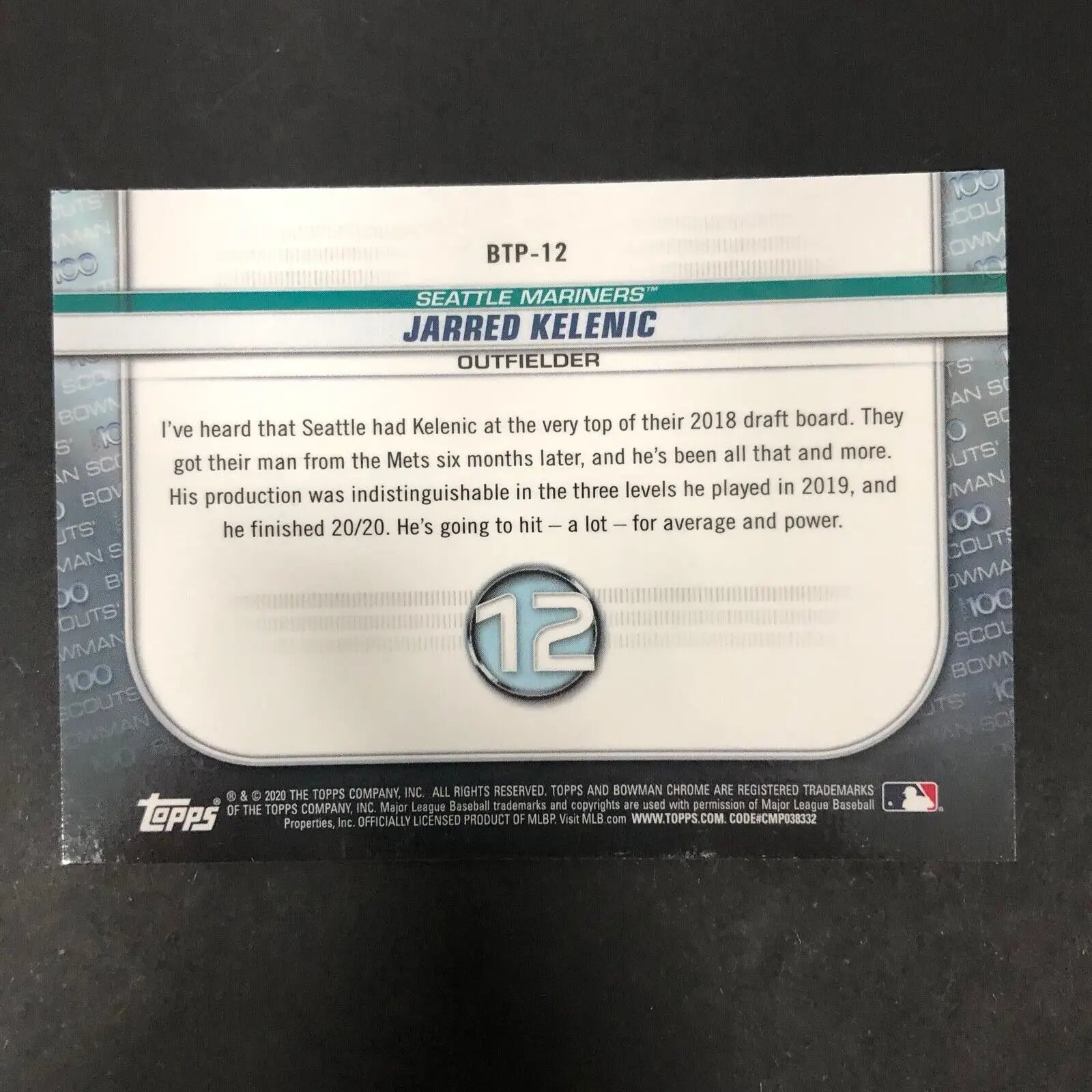 Jarred Kelenic Bowman Chrome 2020 #BTP-12 Top 100 Insert Seattle Mariners MLB card