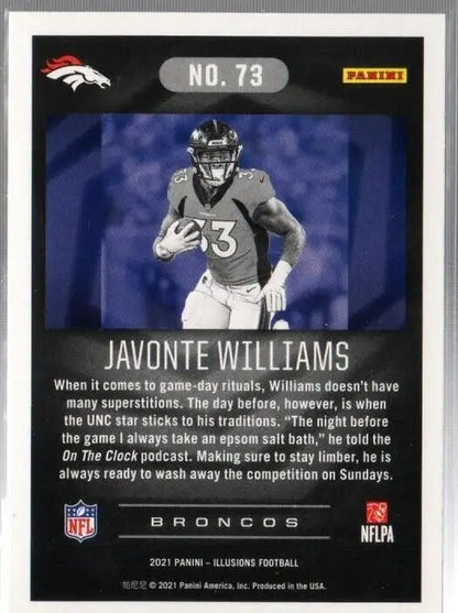 Javonte Williams NFL trading card, 2021 Panini Illusions Football Purple Stardust #73 RC