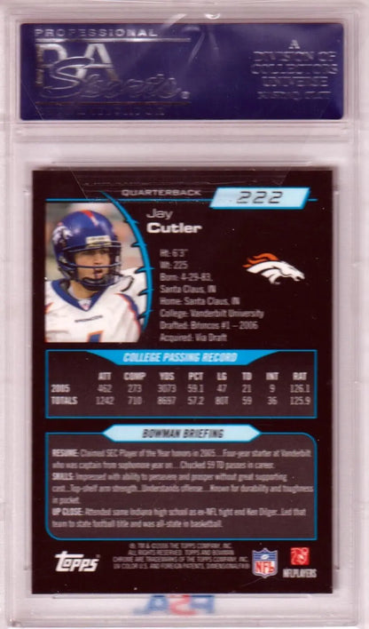 Football trading card of Jay Cutler in protective case, a must-have single card from Columbia Hobby