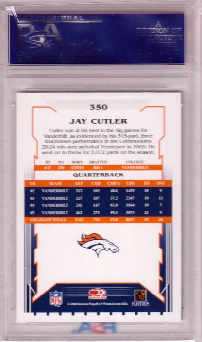 Football trading card in a protective case showcasing Denver Broncos and stats, Box free shipping