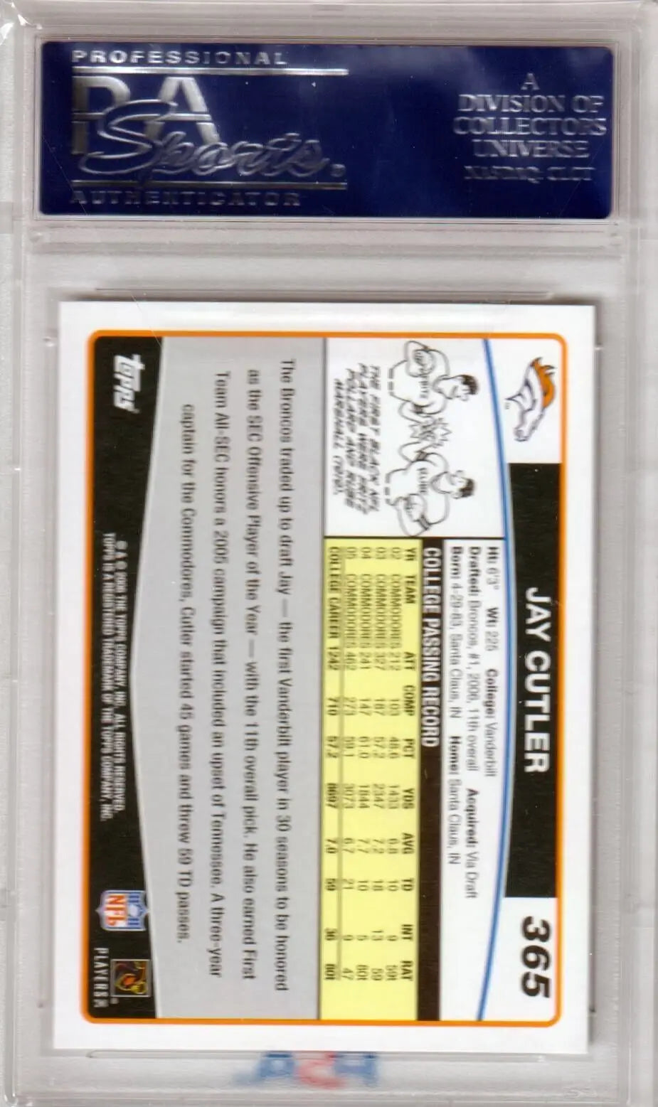 JAY CUTLER 2006 Topps RC Rookie #365 PSA 10 GEM MINT baseball card in protective case