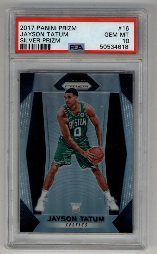 Jayson Tatum 2017-18 Prizm Silver card in protective case, graded PSA 10 Gem Mint