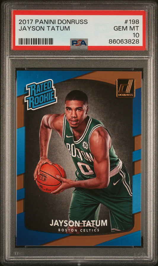 PSA-graded Jayson Tatum 2017 Donruss #198 Gem Mint trading card in Boston Celtics uniform