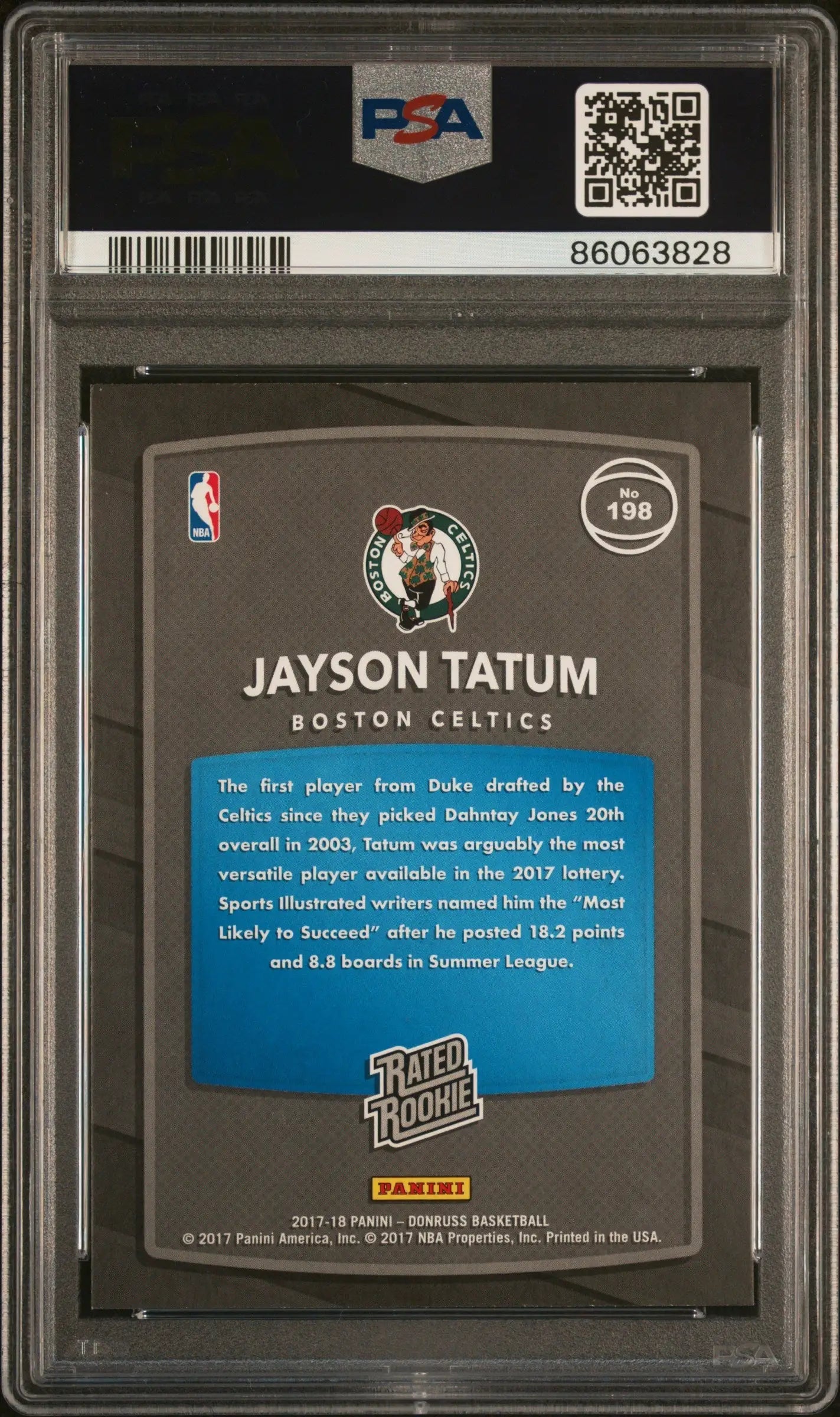 PSA-graded Jayson Tatum 2017 Donruss #198 Gem Mint trading card displayed on product page