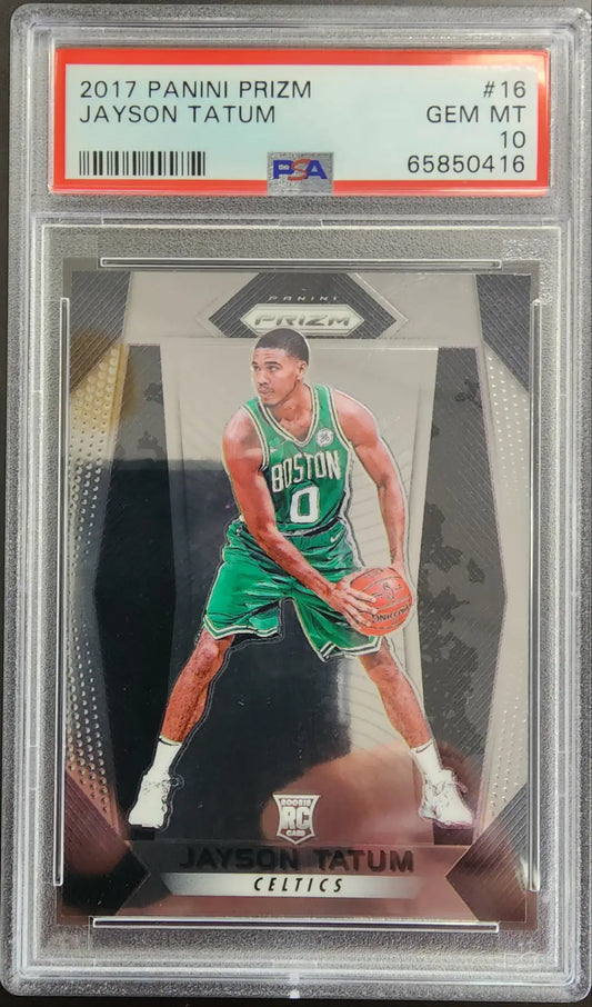 PSA-graded Jayson Tatum 2017 Panini Prizm Rookie #16 in green Celtics jersey