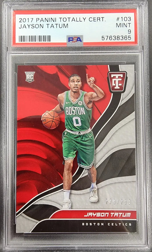 PSA-graded Jayson Tatum 2017 Panini Totally Certified Rookie card in green jersey