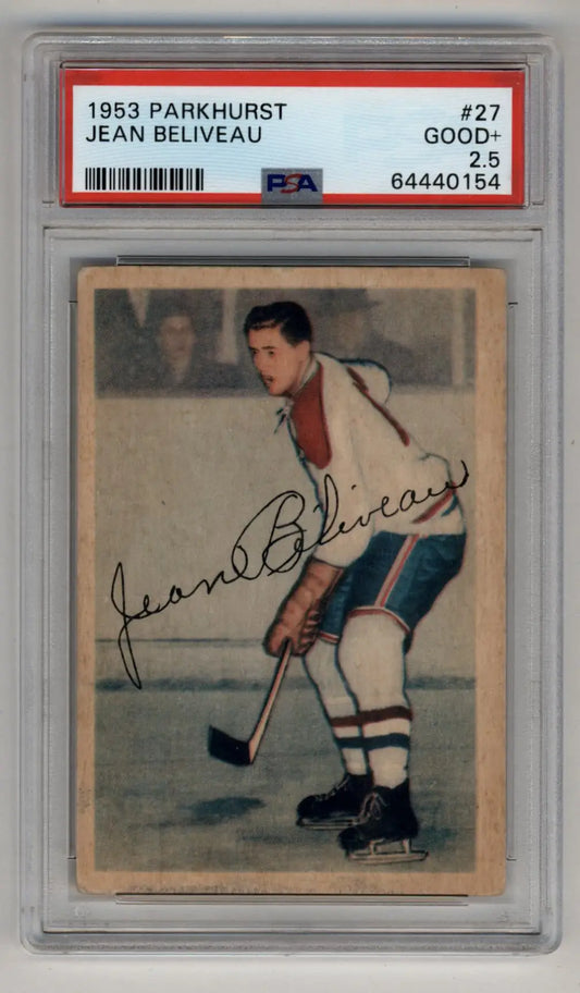 PSA-graded 1953 Parkhurst Rookie trading card of Jean Beliveau, Montreal Canadiens player