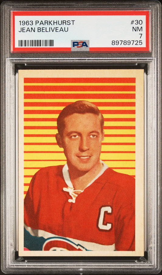 1963 Parkhurst Jean Beliveau hockey card PSA NM 7 featuring Canadiens captain in red jersey