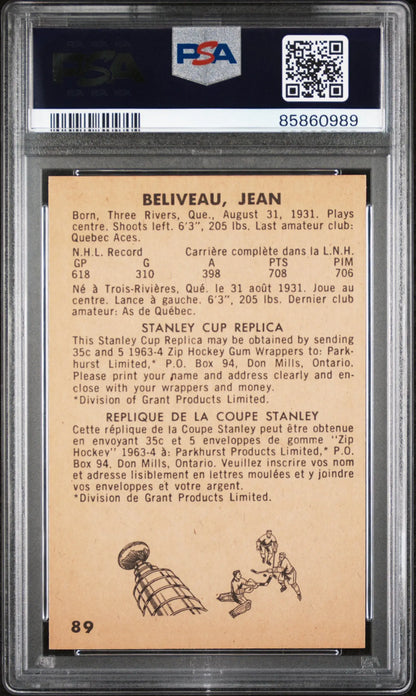 PSA-graded Jean Beliveau 1963 Parkhurst #89 trading card with statistics and player illustrations