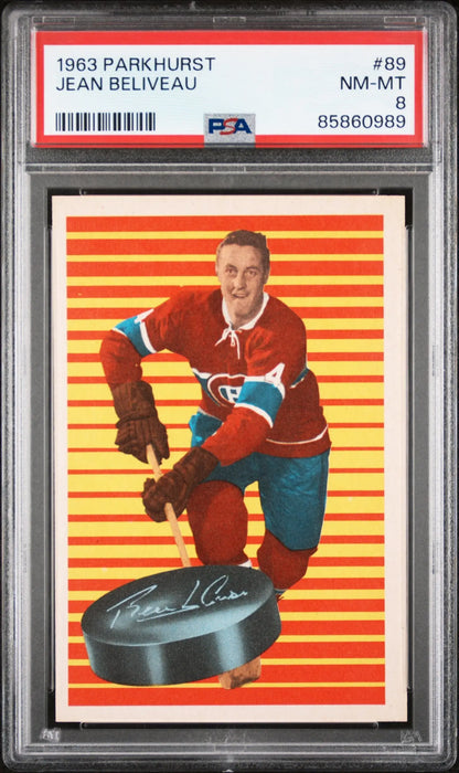 PSA-graded 1963 Parkhurst Jean Beliveau hockey card in red jersey with orange stripes