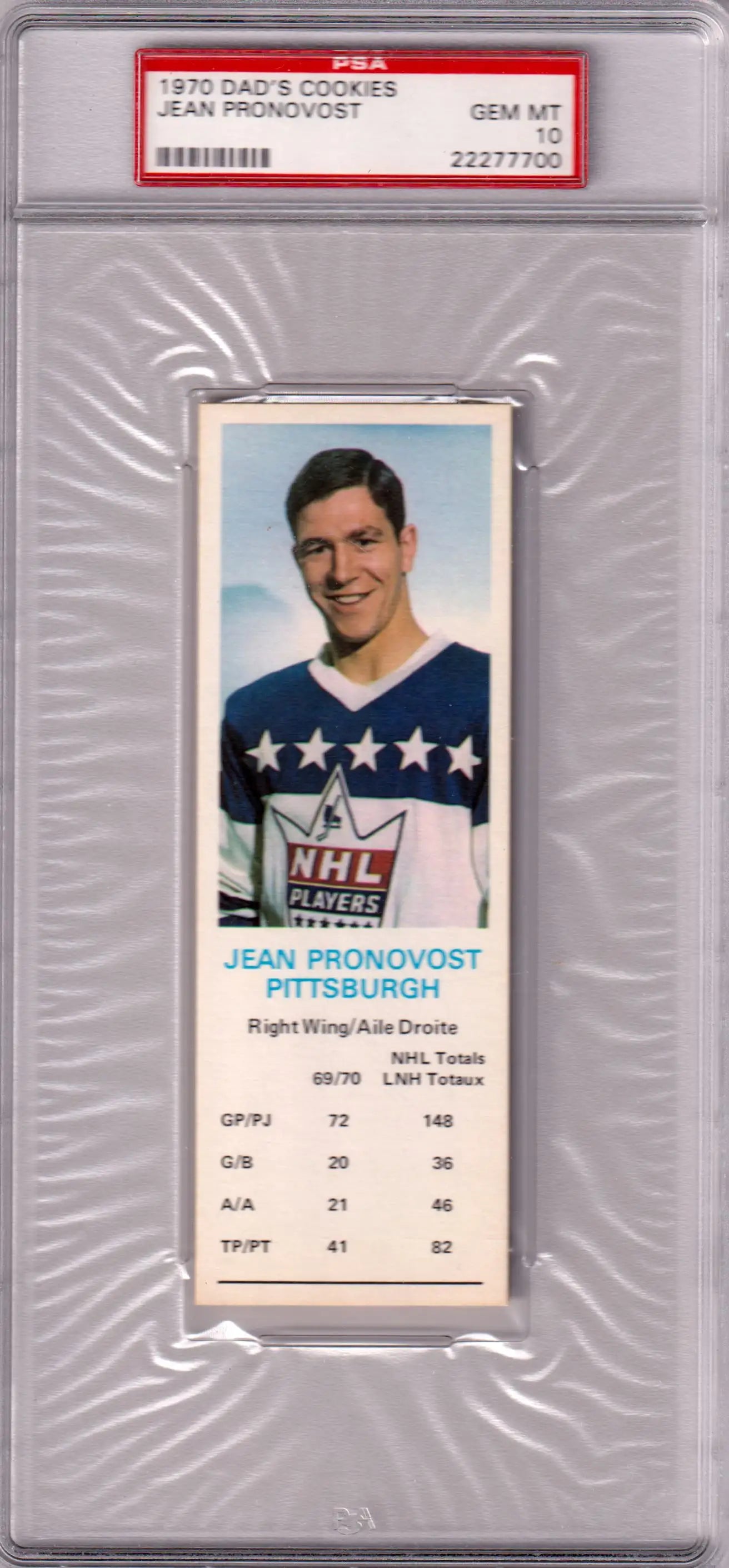 PSA-graded Jean Pronovost 1970 trading card with blue sweater and white stars from Columbia Hobby