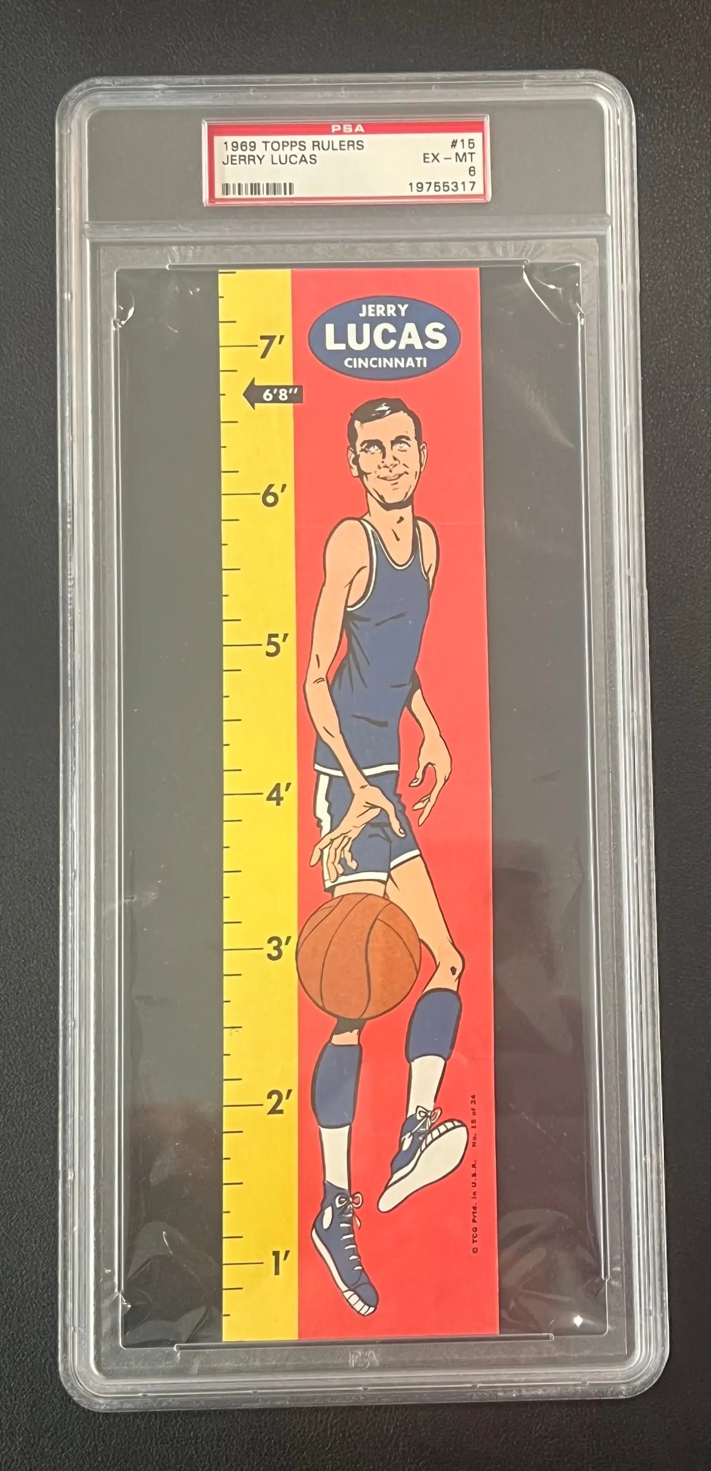 Vintage Jerry Lucas Topps Rulers growth chart in PSA 6 case for Columbia Hobby collectors